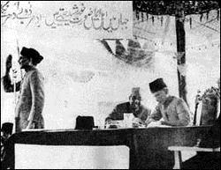 Choudhury Khaliquzzaman seconding the Lahore resolution with Jinnah chairing the session.
