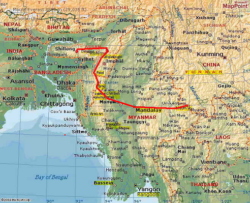 Route of Benegal Dinker’s travel from Burma to India, 1942