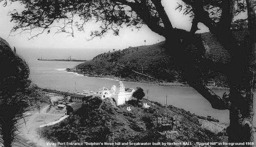 Vizag Port Entrance. Dolphin’s Nose hill and breakwater built by Herbert Hall. “Signal Hill” in foreground, 1950.