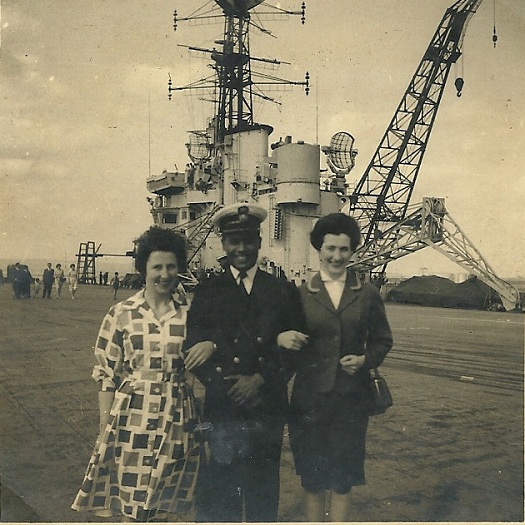 Landlady saying farewell to S L Bhatla aboard INS Vikrant, Belfast 1961