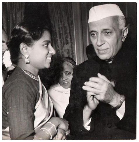 Meenakshi, left, with Prime Minister Nehru, right, 1958.