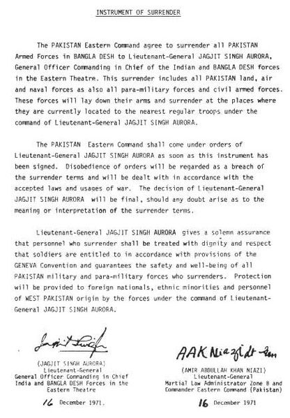 Pakistan Army's surrender agreement with India 1971