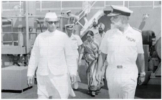 From left: Front, Prime Minister Desai, Vice Admiral Awati\; Second row:  Mrs Kantibhai Desai\; Third row, Lt Cheema, Executive officer of ship. On INS Shakti, February 1979