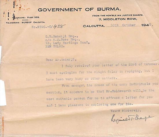 Letter Govt Burma 1942