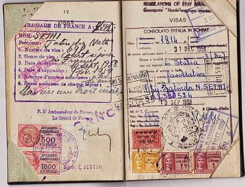 Passport Jatinder Sethi, showing departure date 1958 and various visas